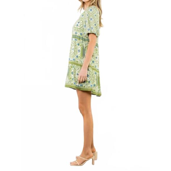 NEW THML puff sleeve abstract print dress in green - Picture 2 of 3
